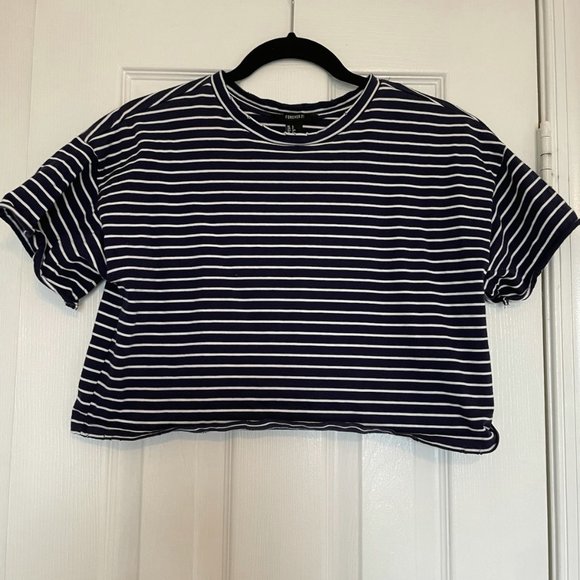 Forever 21 Striped Cropped Distressed T-Shirt - Picture 1 of 4